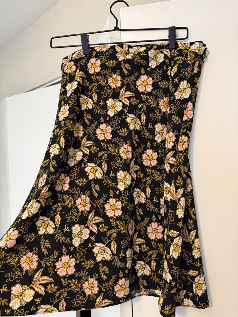 LOFT Black Skater Skirt with Pink & Gold Floral Print